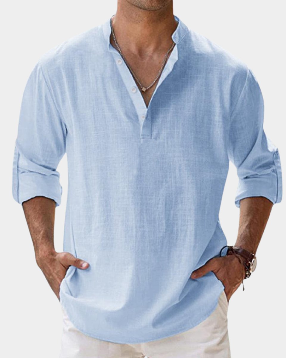 Herren Leinenhemd Langarm mit Henley-Kragen | Lässiges Freizeitshirt für Sommer 0