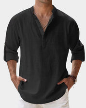 Herren Leinenhemd Langarm mit Henley-Kragen | Lässiges Freizeitshirt für Sommer 1