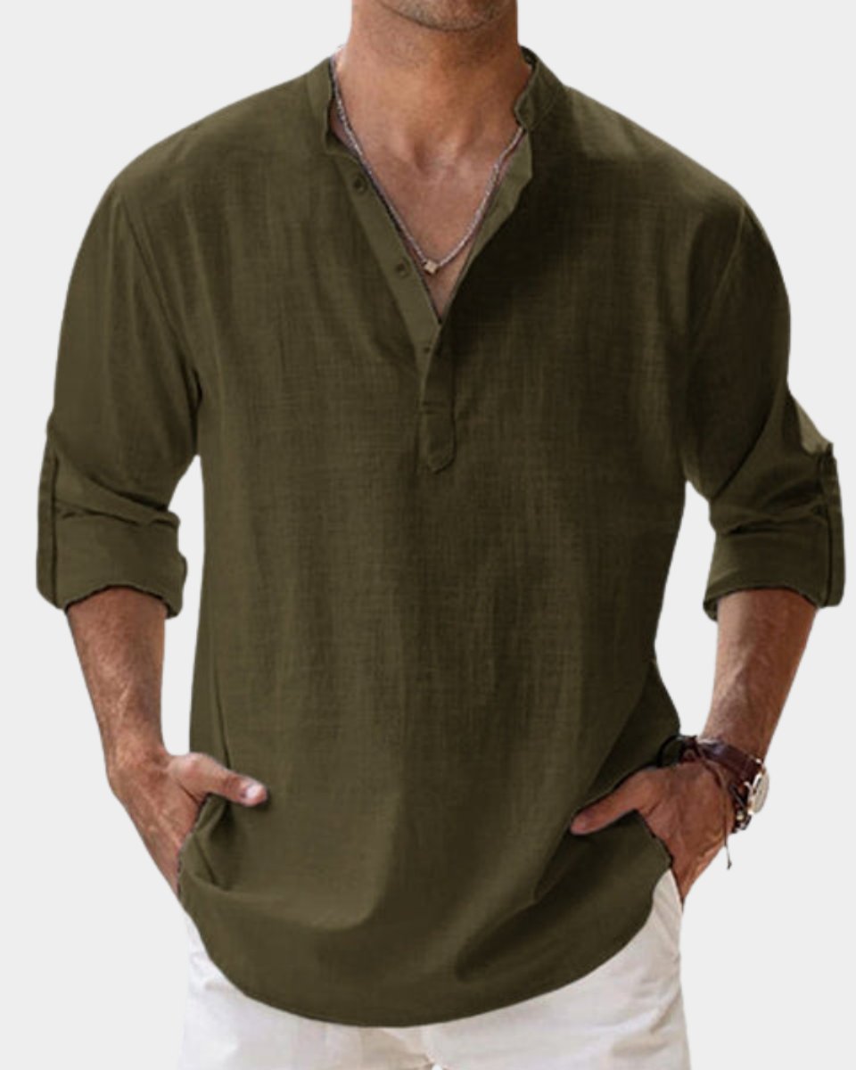 Herren Leinenhemd Langarm mit Henley-Kragen | Lässiges Freizeitshirt für Sommer 10