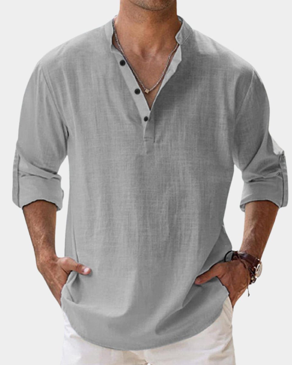 Herren Leinenhemd Langarm mit Henley-Kragen | Lässiges Freizeitshirt für Sommer 2