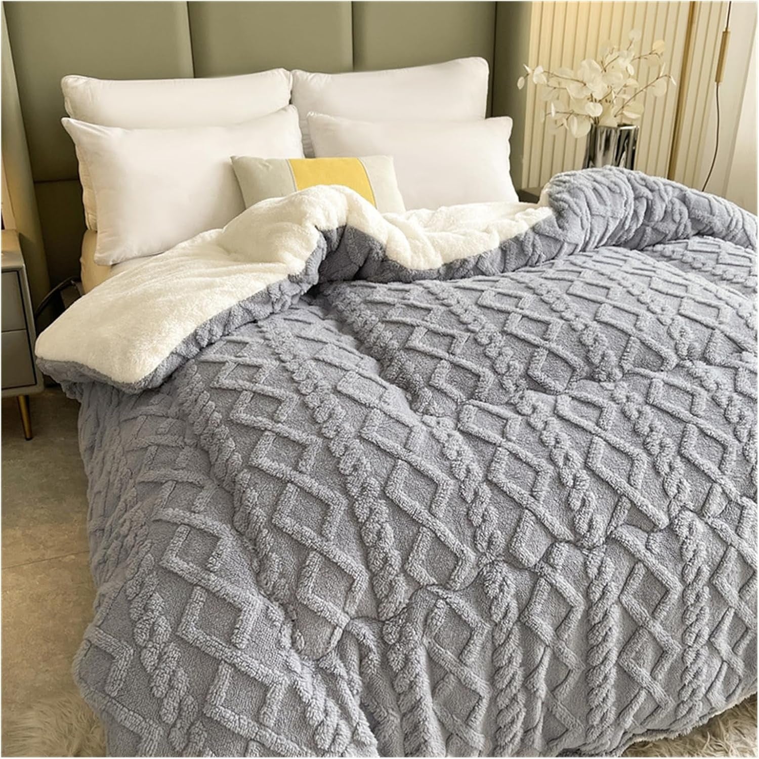 Kuscheldecke für Damen und Herren, Geometrisches Muster, Plüschige Sherpa, Hochwertige Baumwolle 8