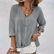 Lässige Damenbluse mit Knöpfen – Elegante Bluse für den Sommer, V-Ausschnitt, Entspannte Rollärmel, Vielseitig kombinierbar 1