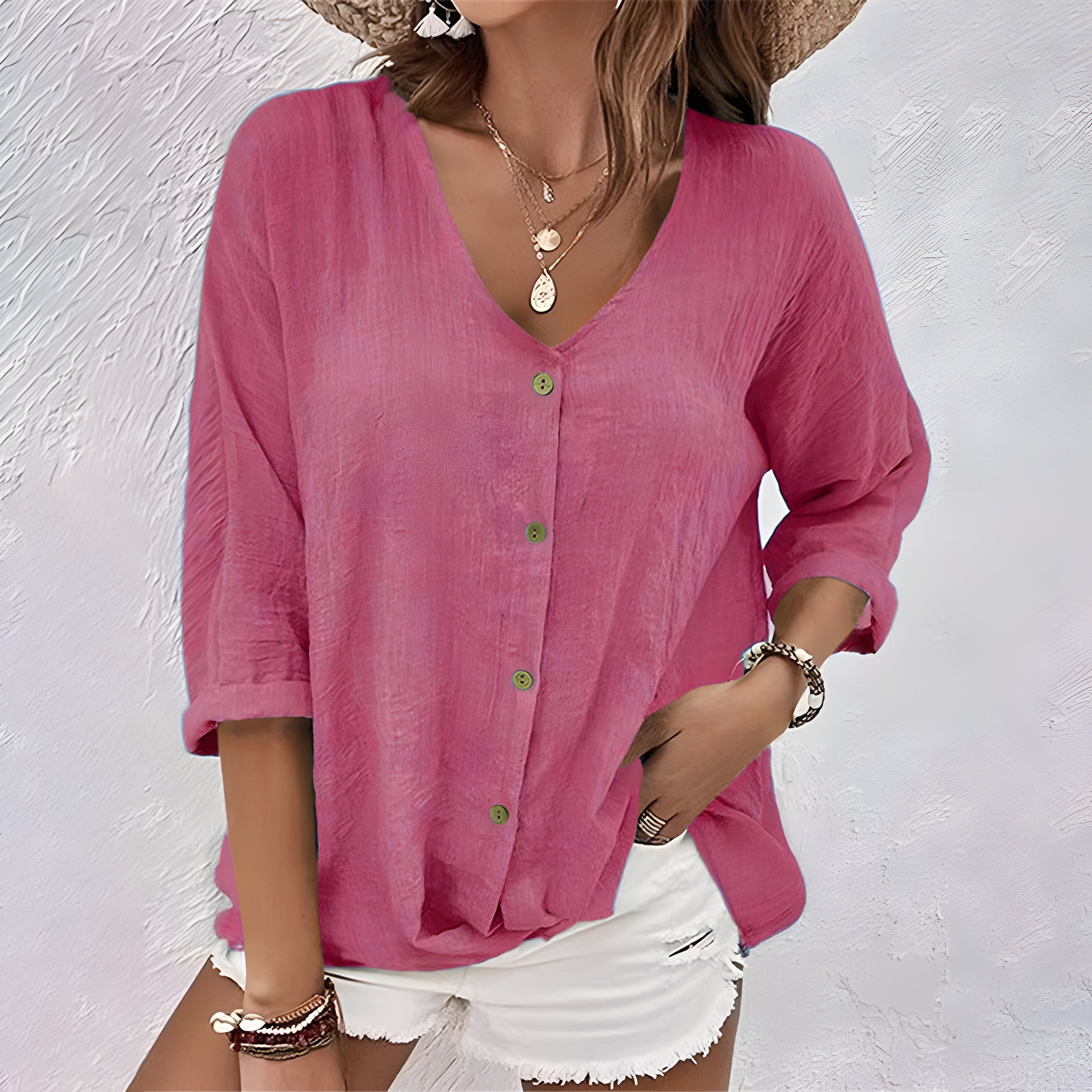 Lässige Damenbluse mit Knöpfen – Elegante Bluse für den Sommer, V-Ausschnitt, Entspannte Rollärmel, Vielseitig kombinierbar 4