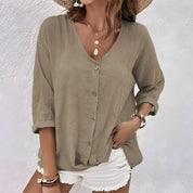 Lässige Damenbluse mit Knöpfen – Elegante Bluse für den Sommer, V-Ausschnitt, Entspannte Rollärmel, Vielseitig kombinierbar 6
