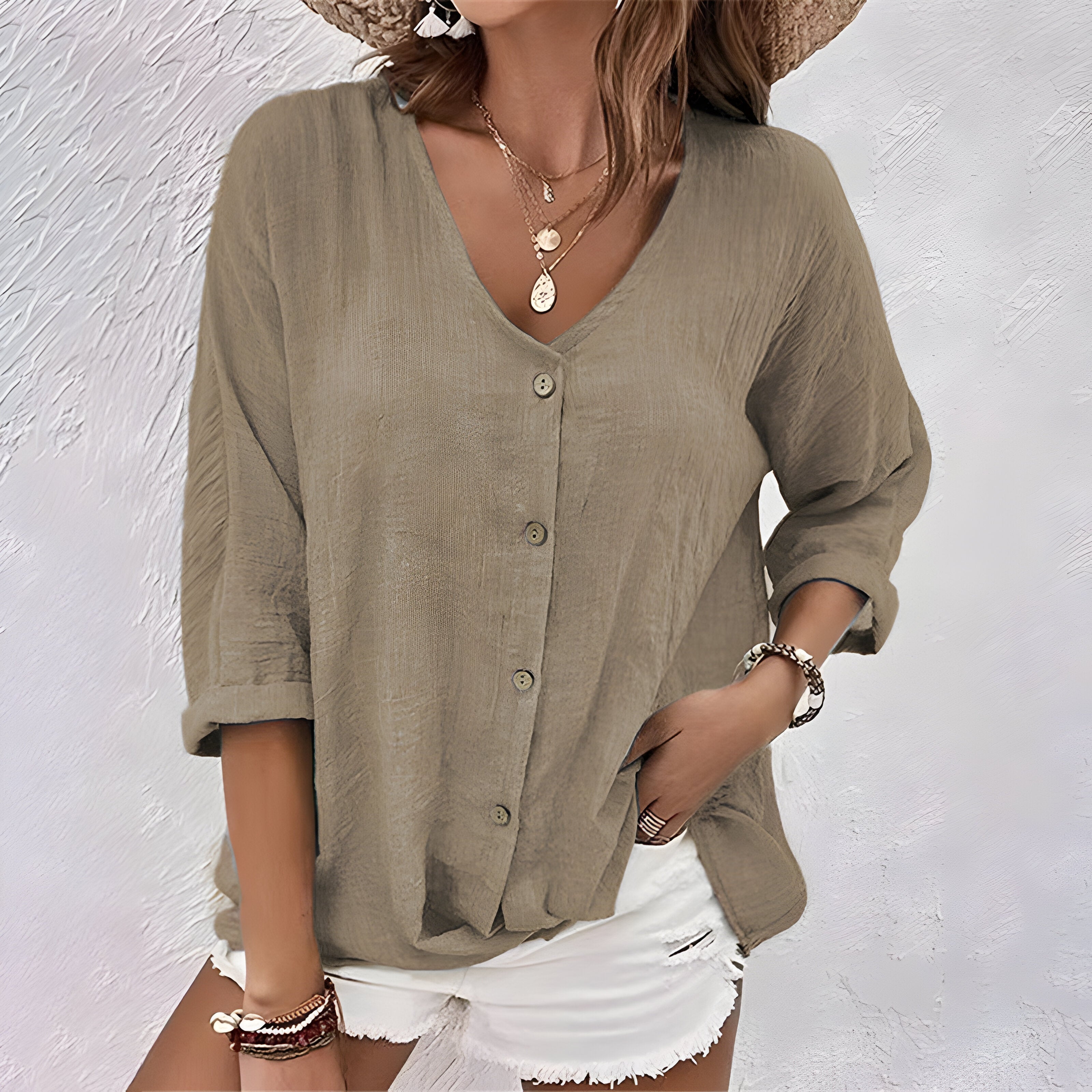 Lässige Damenbluse mit Knöpfen – Elegante Bluse für den Sommer, V-Ausschnitt, Entspannte Rollärmel, Vielseitig kombinierbar 6