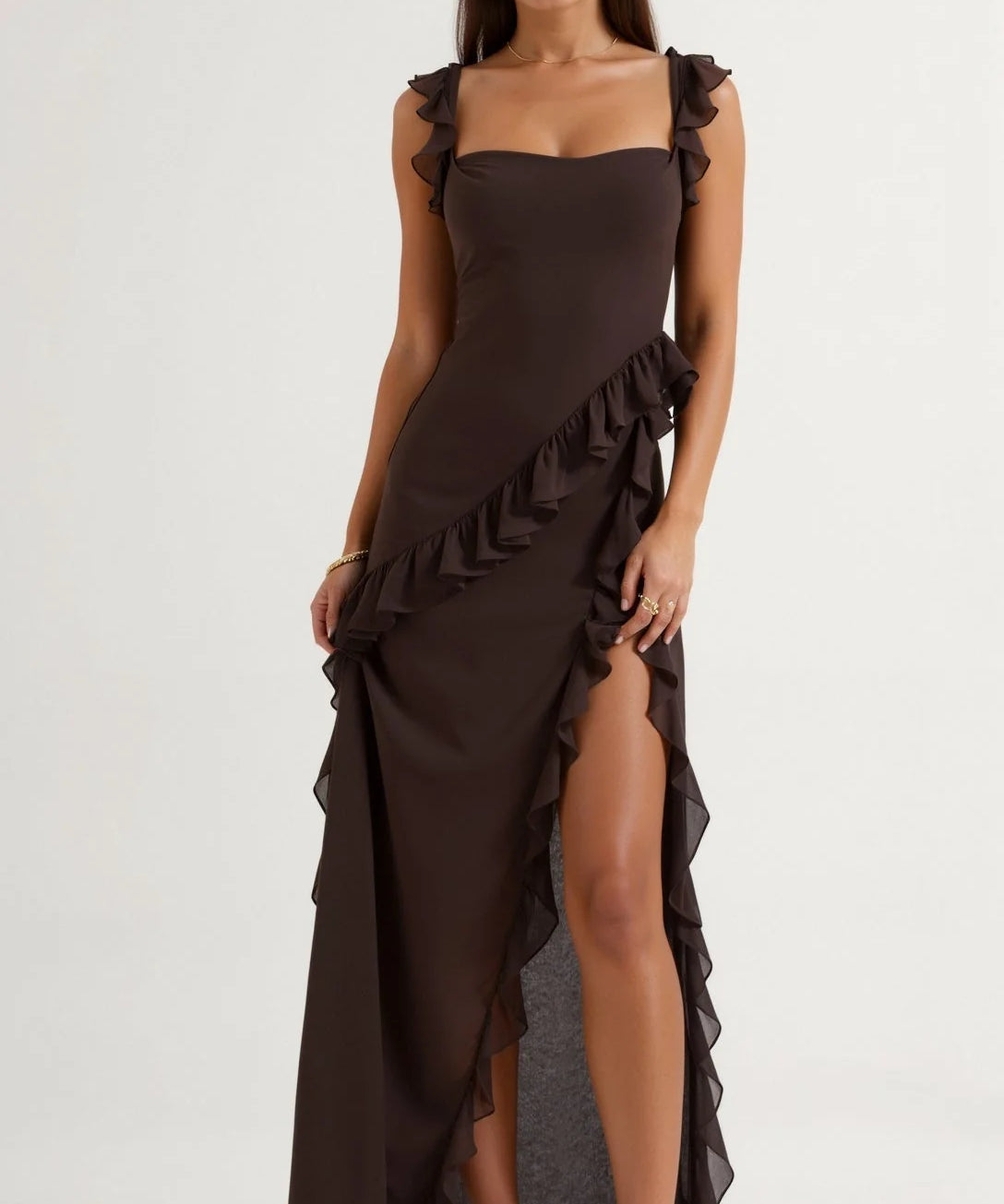 Laura | Damen Maxikleid mit Rüschen und seitlichem Schlitz 0