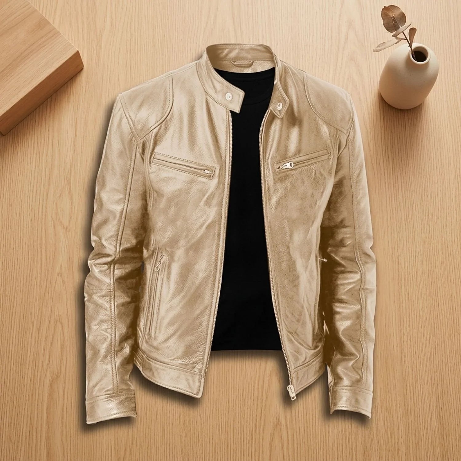 Leon | Herren Lederjacke Biker-Stil Stehkragen Reißverschluss Winterjacke 6
