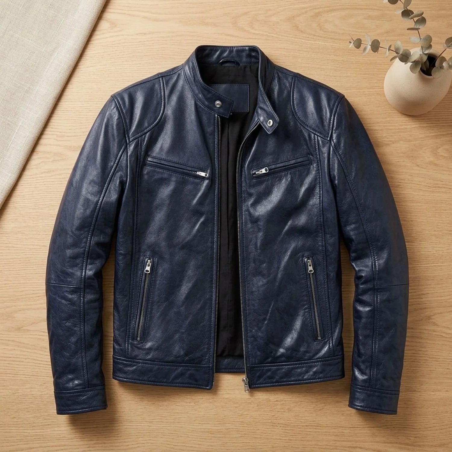 Leon | Herren Lederjacke Biker-Stil Stehkragen Reißverschluss Winterjacke 8