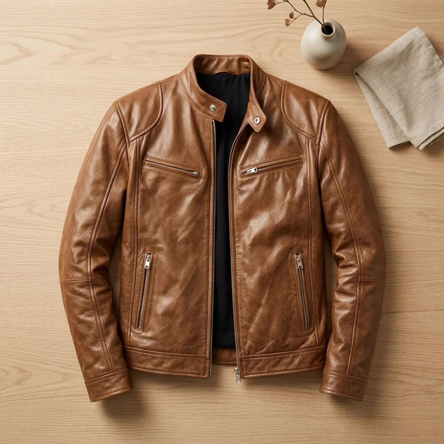 Leon | Herren Lederjacke Biker-Stil Stehkragen Reißverschluss Winterjacke 9