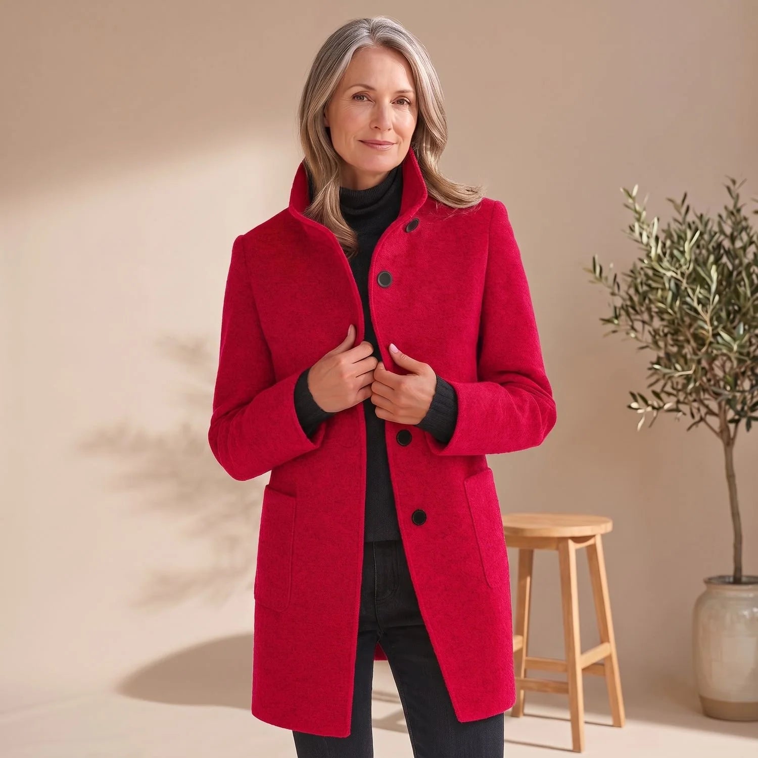 Leonie | Damen Wollmantel mit Stehkragen Knopfleiste Wintermantel 4