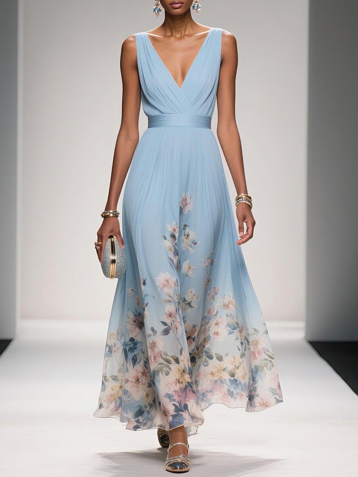 Luftiges Maxikleid Damen V-Ausschnitt Blumendruck Sommer Maxikleider A-Linie für Elegante Tage 0