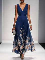 Luftiges Maxikleid Damen V-Ausschnitt Blumendruck Sommer Maxikleider A-Linie für Elegante Tage 1