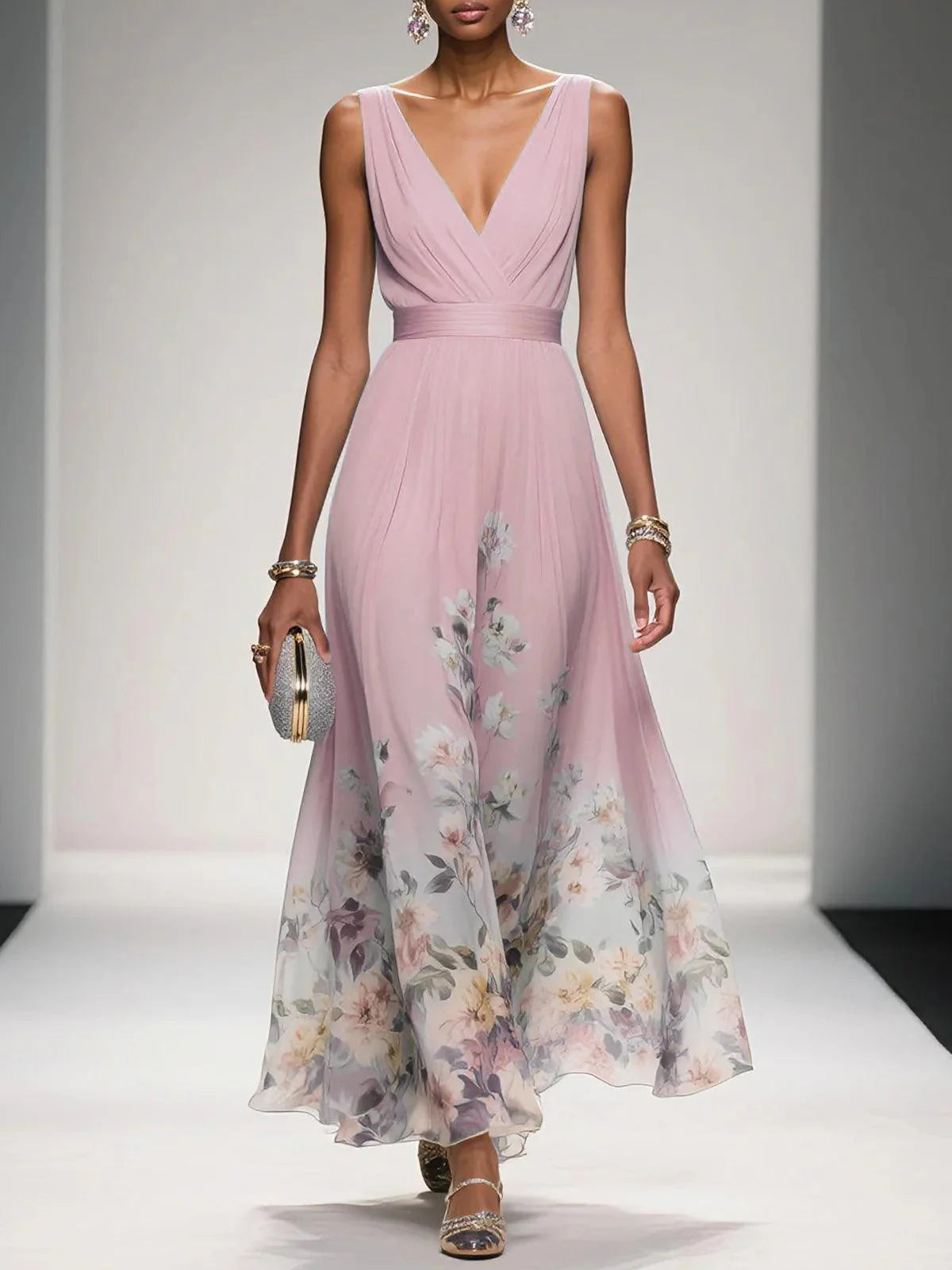 Luftiges Maxikleid Damen V-Ausschnitt Blumendruck Sommer Maxikleider A-Linie für Elegante Tage 4