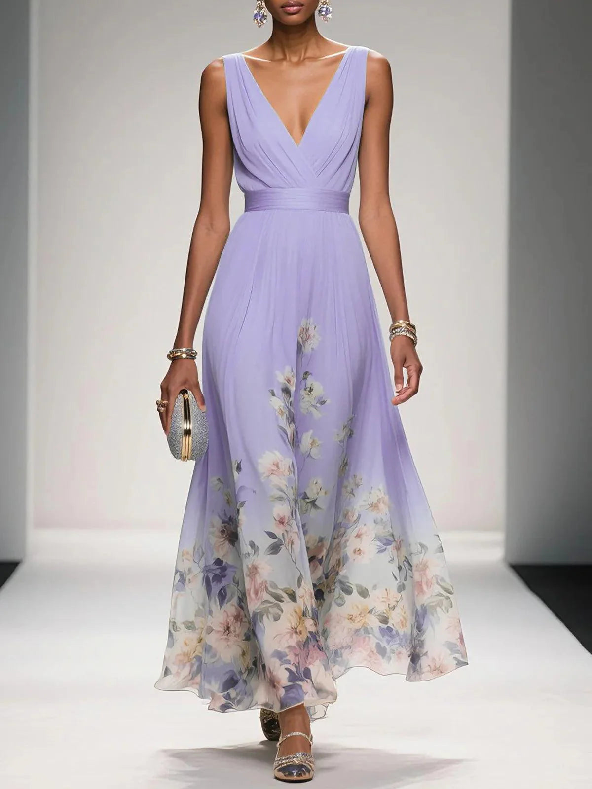 Luftiges Maxikleid Damen V-Ausschnitt Blumendruck Sommer Maxikleider A-Linie für Elegante Tage 5