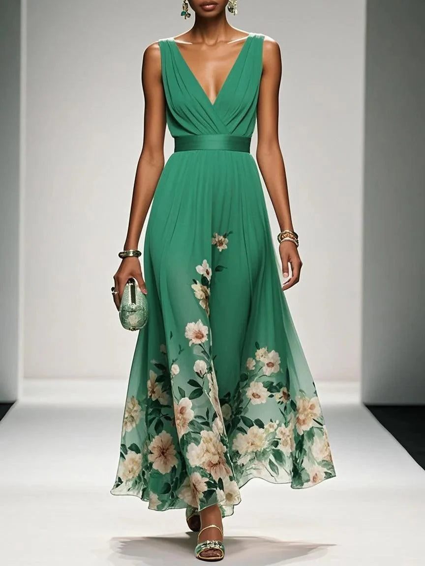 Luftiges Maxikleid Damen V-Ausschnitt Blumendruck Sommer Maxikleider A-Linie für Elegante Tage 7