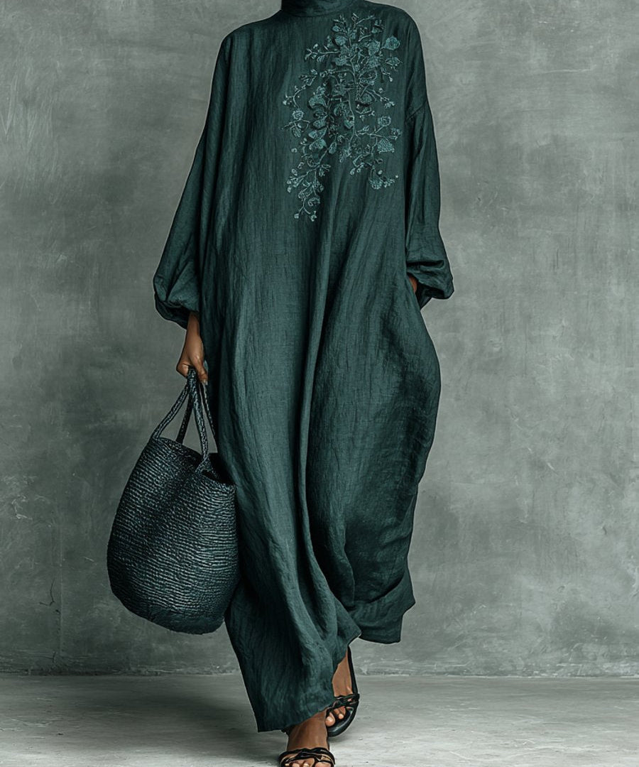 Maxikleid Damen Langarm Elegant Mit Stehkragen & Feiner Stickerei | Sommer Kleider Lang für Besondere Anlässe 0