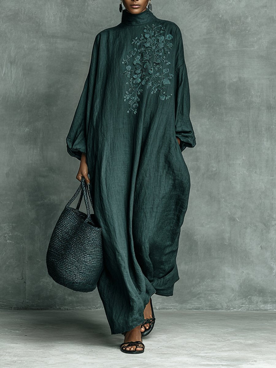Maxikleid Damen Langarm Elegant Mit Stehkragen & Feiner Stickerei | Sommer Kleider Lang für Besondere Anlässe 0