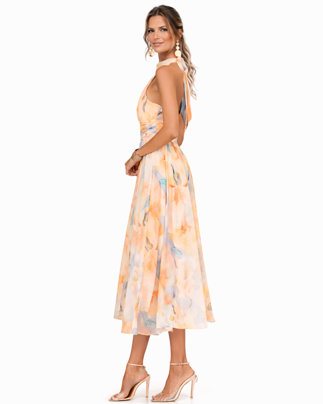 Maxikleid Damen Neckholder Aquarellmuster Sommerkleid Elegant Leicht 2