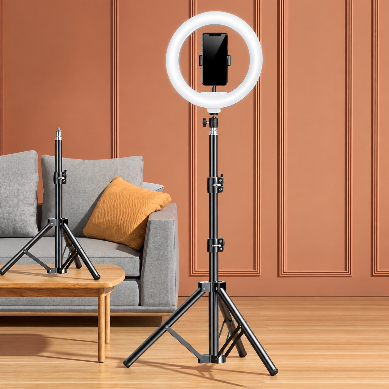 LED-ringljus med justerbart stativ och telefonhållare för selfies och videoinspelning