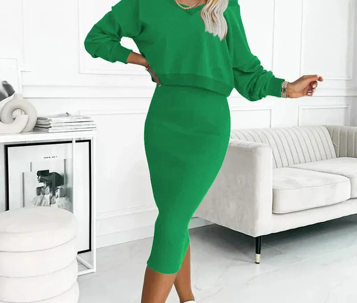 Nora | Damen Midikleid mit Sweatshirt-Oberteil figurbetontes Zweiteiler-Set 2