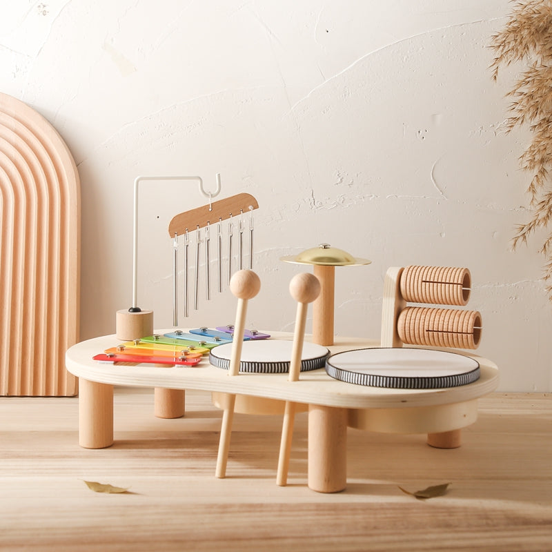 Pädagogischer Musiktisch aus Holz – Xylophon, Trommeln & Rasseln für kreatives Kinderspiel 0