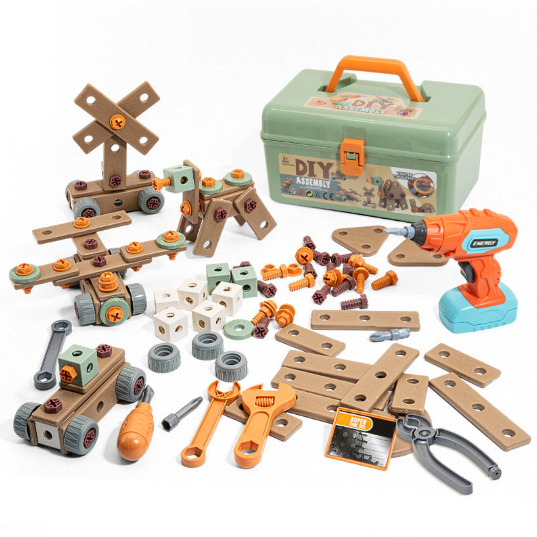 Pädagogisches Bauwerkzeug-Set für Kinder – Sicherer Spielzeug-Werkzeugkasten mit Hammer, Schraubenzieher und mehr für Kinder ab 3 Jahren 0