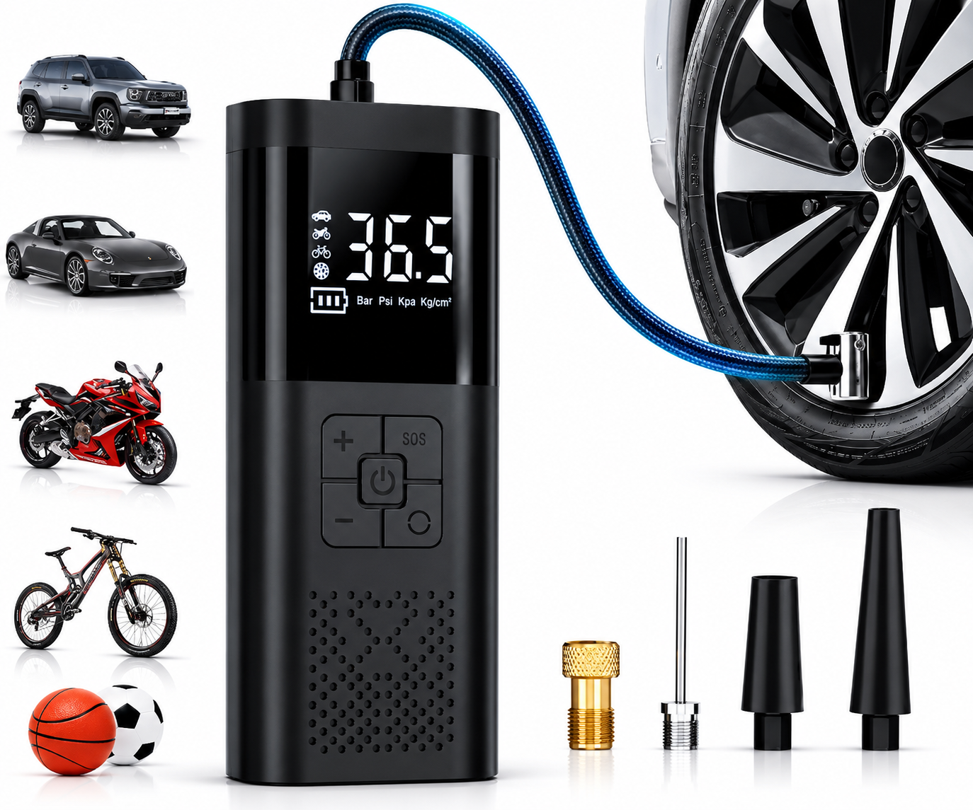 Bärbar luftkompressor med LCD-skärm och LED-ljus - 150 psi - Inflator för bilar, cyklar och sportutrustning