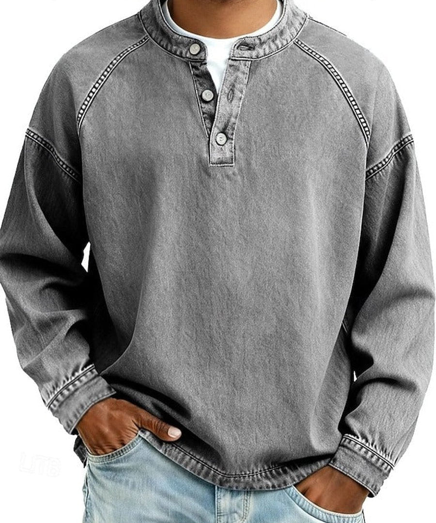 Pullover Herren Retro Henley Langarm Sweater Used-Look Lässiger Strickpullover für Stil und Komfort 0