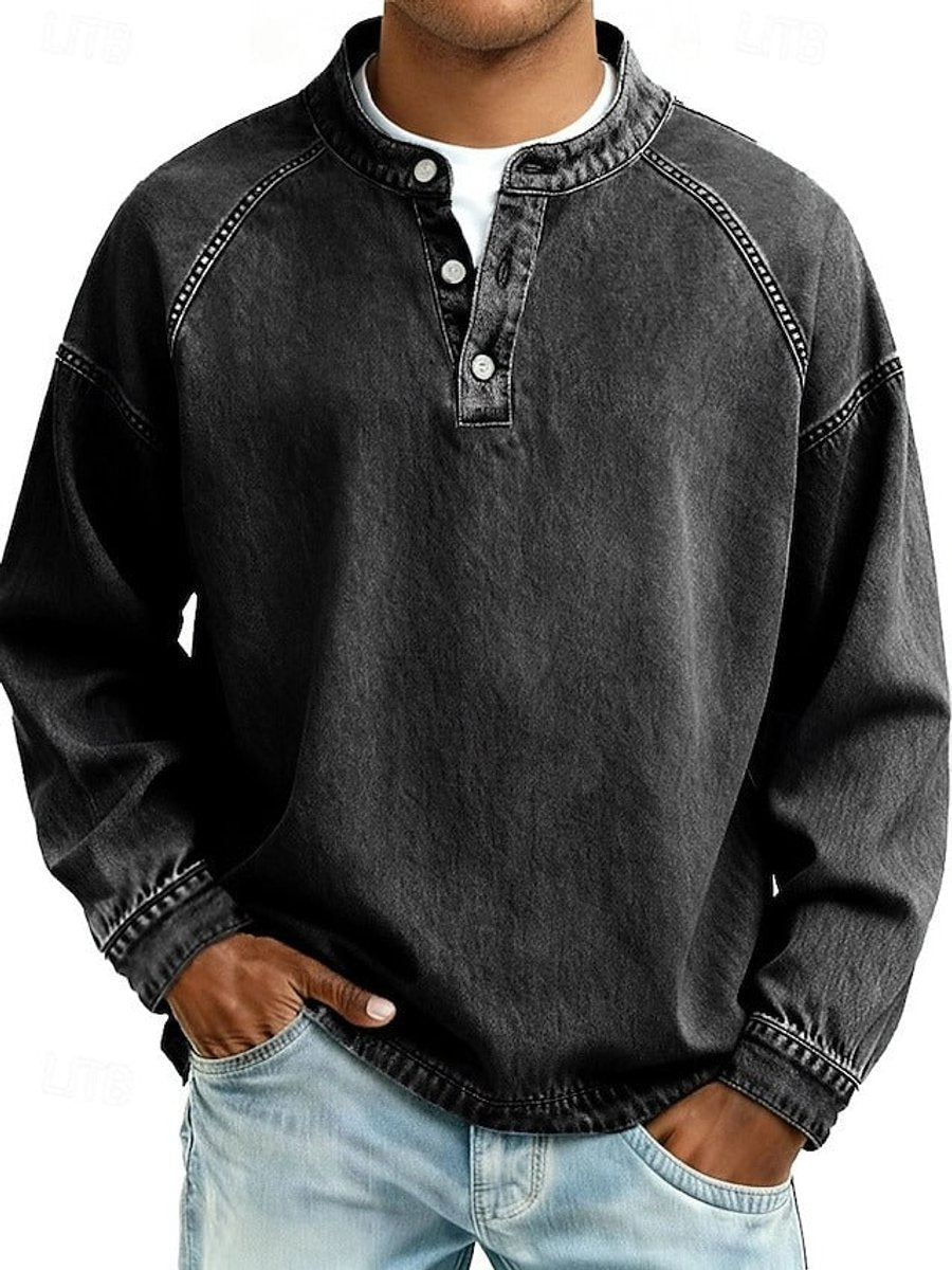 Pullover Herren Retro Henley Langarm Sweater Used-Look Lässiger Strickpullover für Stil und Komfort 1