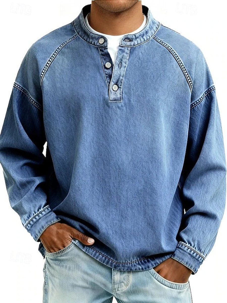 Pullover Herren Retro Henley Langarm Sweater Used-Look Lässiger Strickpullover für Stil und Komfort 2