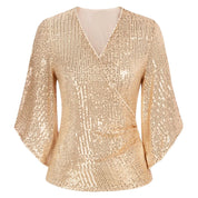 Nadine | Glitzernde V-Ausschnitt Bluse mit Ausgestellten Ärmeln