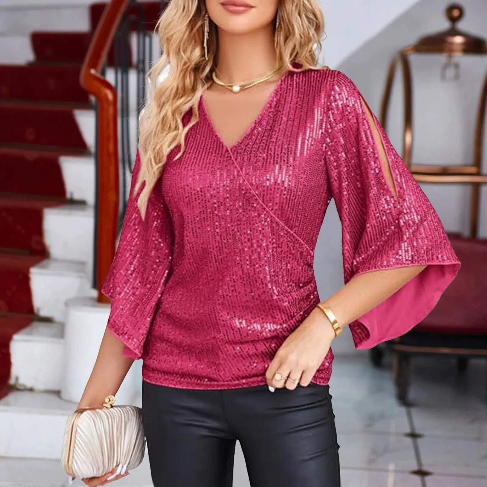 Nadine | Glitzernde V-Ausschnitt Bluse mit Ausgestellten Ärmeln
