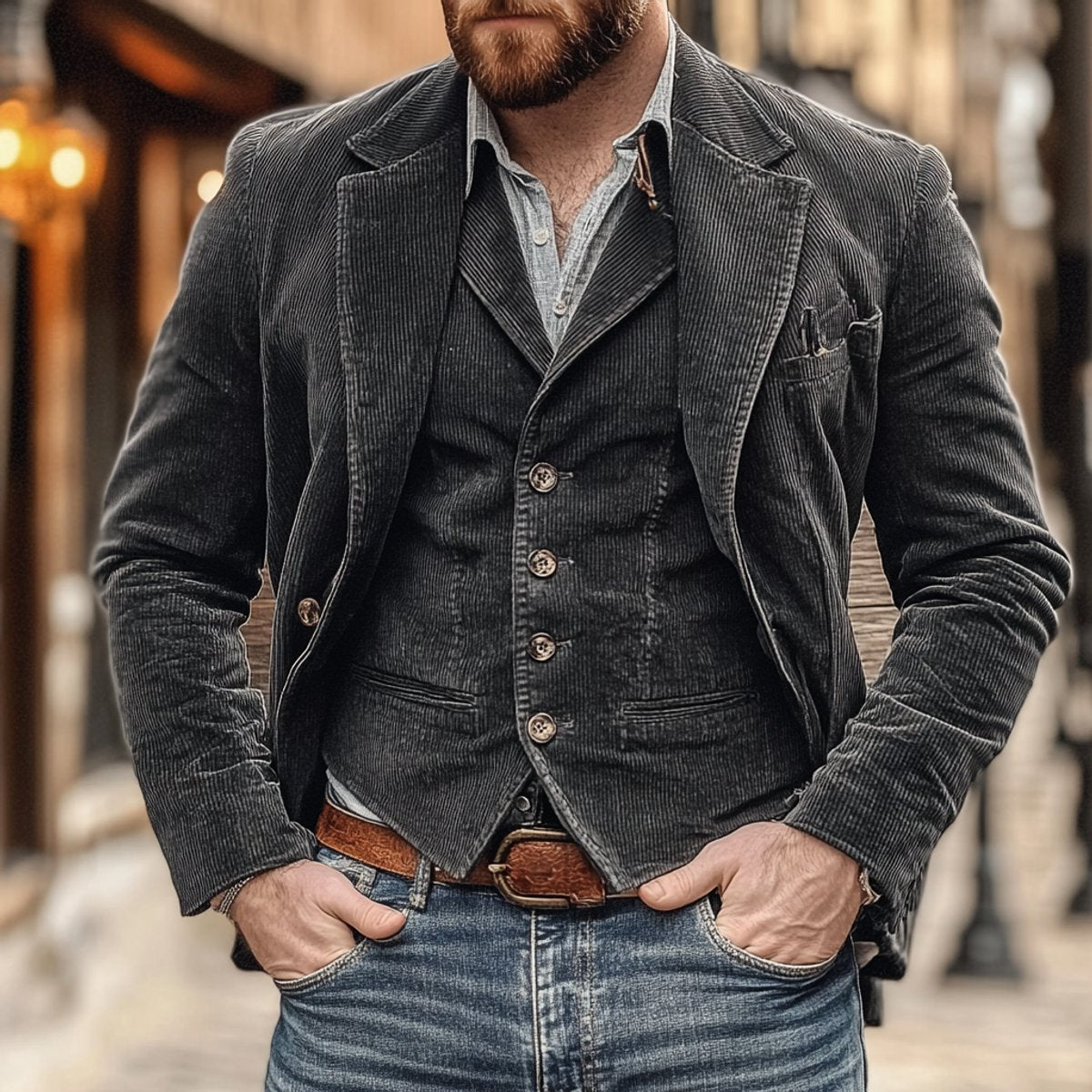 Sakko Herren Vintage Cord-Blazer Set Klassisch Elegantes Herbst-Winter Outfit für Herren 0