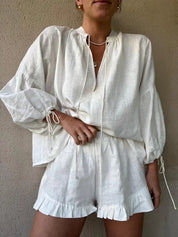 Zara | Elegant V-ringad t-shirt och shorts med volanger set