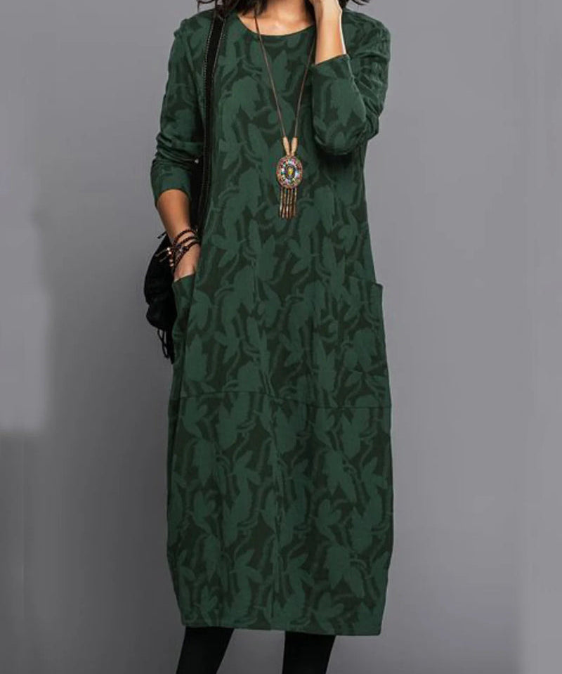 Sommerkleider Damen Langarm Midi Kleid mit Taschen Elegantes Alltagskleid Bequemer Schnitt 0