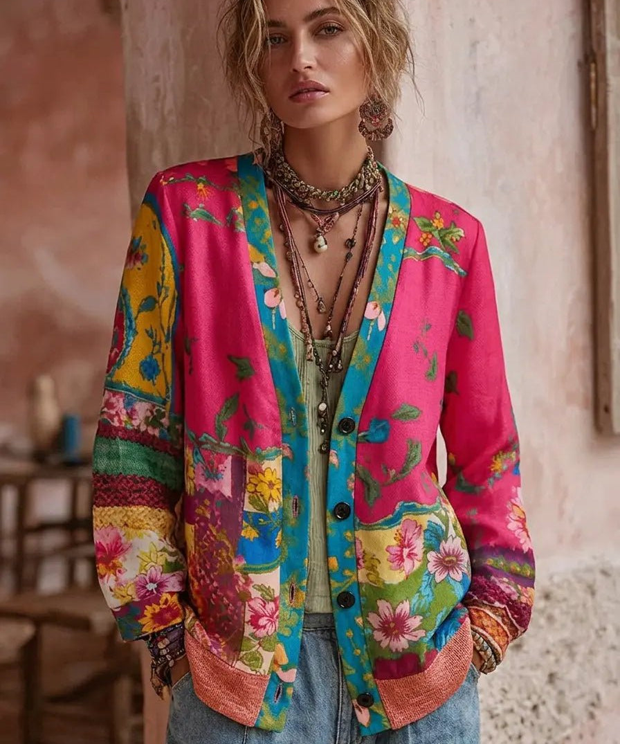 Strickjacke Damen Floraler Patchwork-Cardigan mit V-Ausschnitt Langarm 0