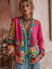 Strickjacke Damen Floraler Patchwork-Cardigan mit V-Ausschnitt Langarm 0