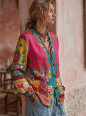 Strickjacke Damen Floraler Patchwork-Cardigan mit V-Ausschnitt Langarm 1