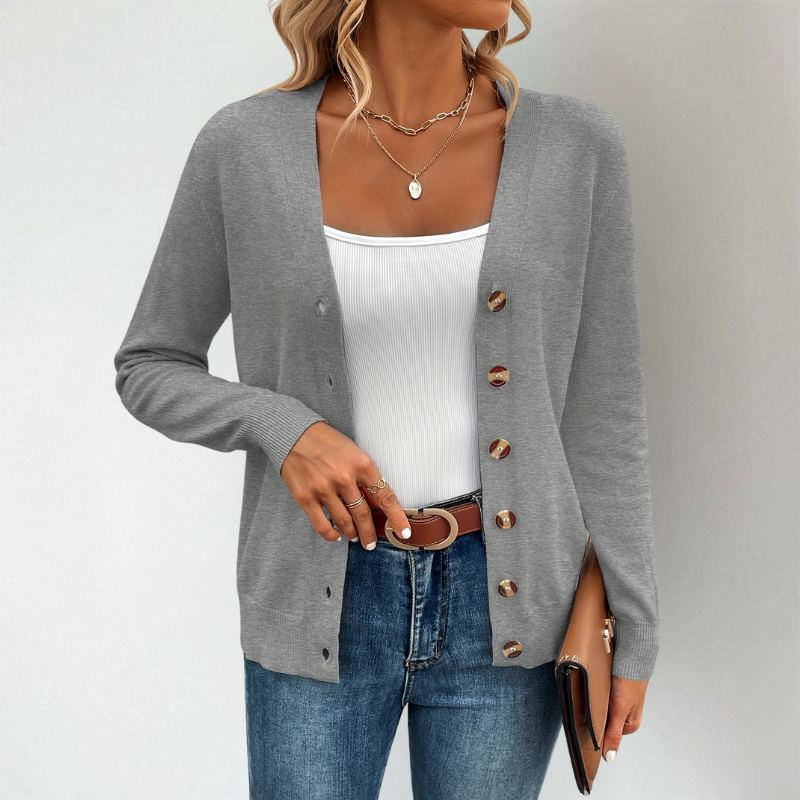 Strickjacke Damen V-Ausschnitt mit Seitenschlitzen – Eleganter Cardigan für Alltag und Büro, Leichte Strickjacken für Damen 4