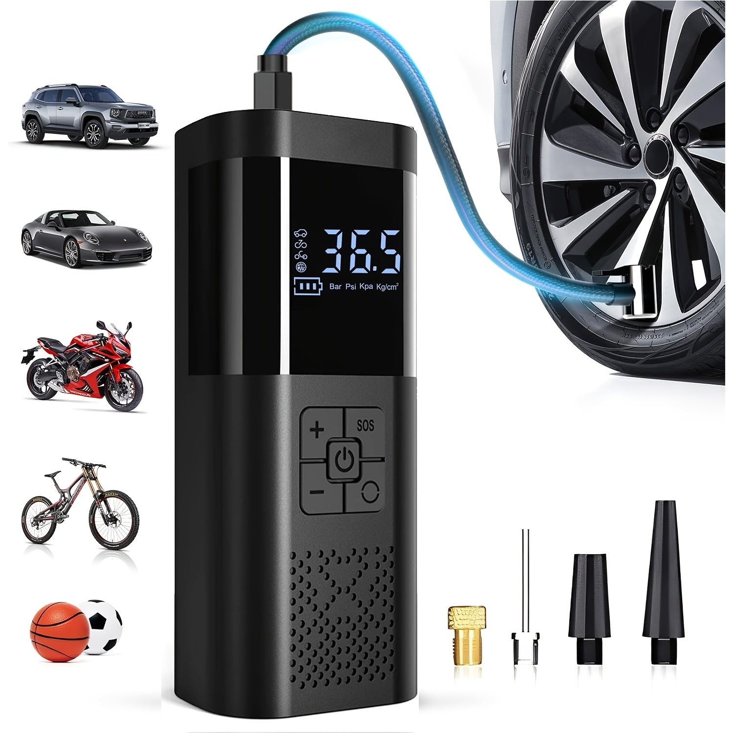 Tragbarer Luftkompressor mit LCD -Bildschirm und LED -Licht - 150 psi -Inflator für Autos, Fahrräder und Sportgeräte 0