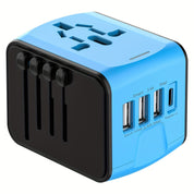 Universeller Reiseadapter mit 4 USB-Anschlüssen und Typ-C-Globale Kompatibilität, schnelle Ladesicherheitsfunktionen 1