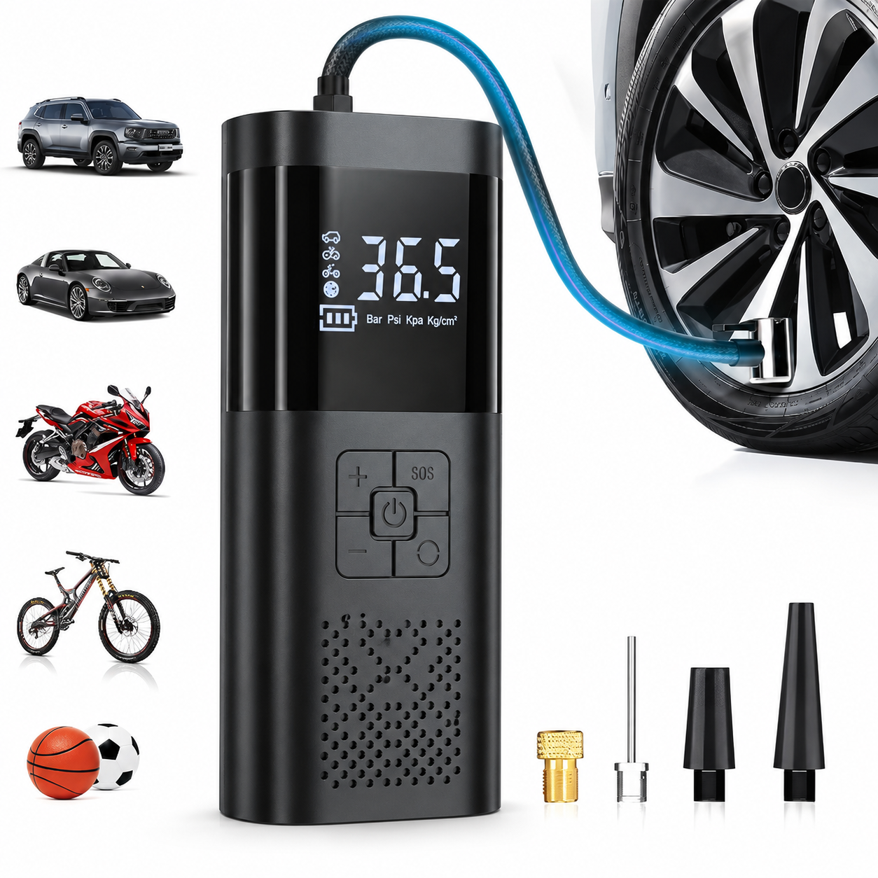 Bärbar luftkompressor med LCD-skärm och LED-ljus - 150 psi - Inflator för bilar, cyklar och sportutrustning