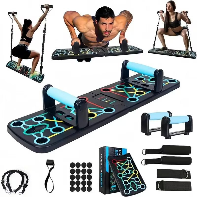 Set mit Armdehnübungen und Planks inklusive Griffen, elastischen Bändern und Zubehör – ideal für Brust- und Bauchmuskeltraining
