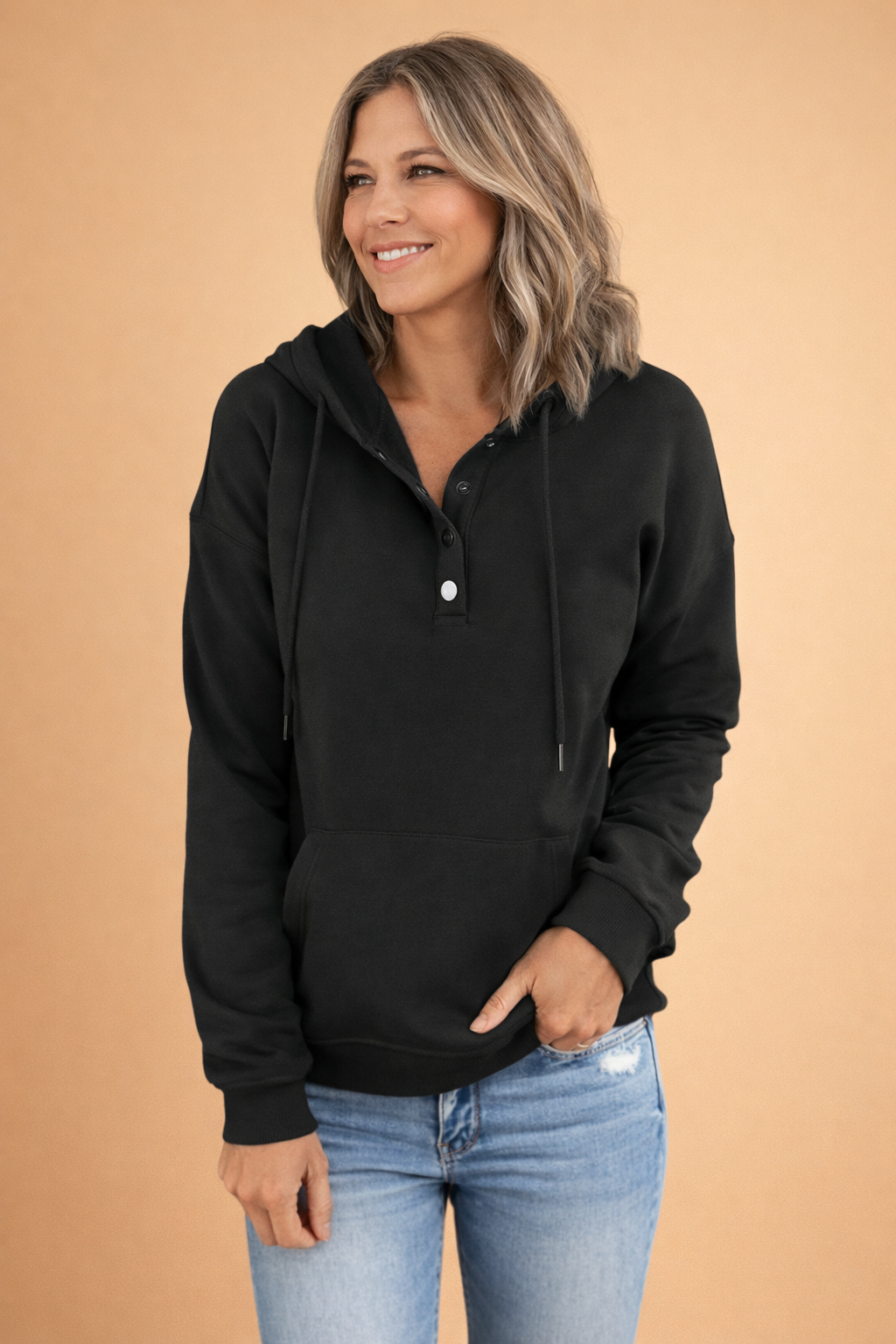 HANIA | Wolle Hoodie med knapp för damer