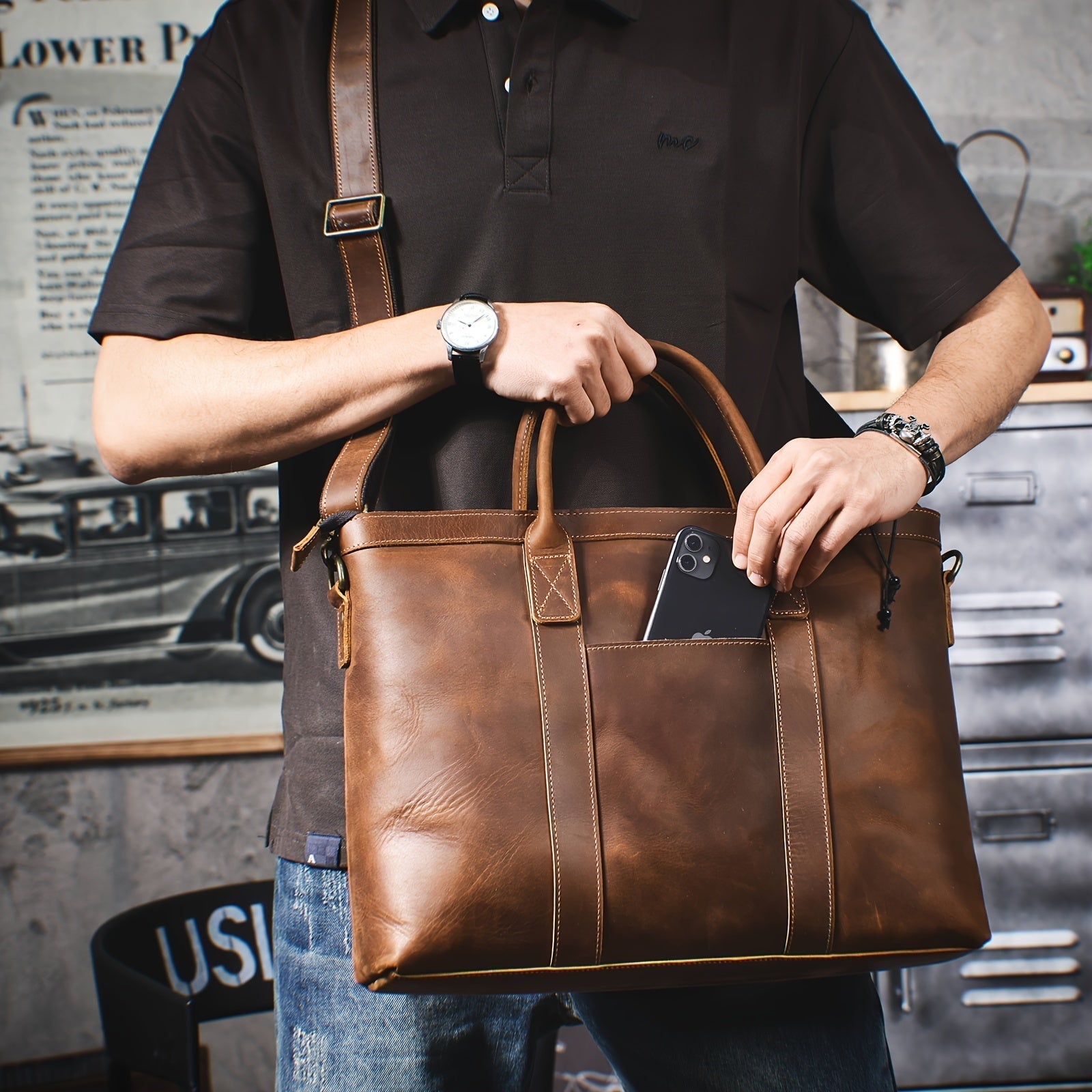 Felix | Vintage läder crossbody rese laptop messenger handväska