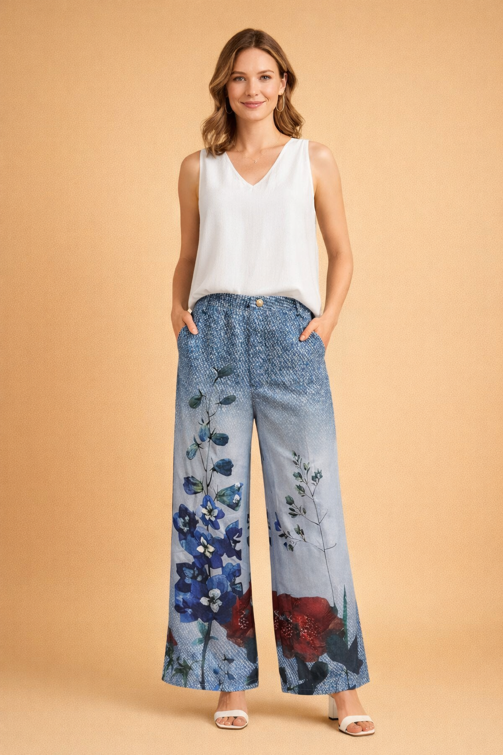 Jeans Flared dam med vackra blommönster och fjärilsmönster